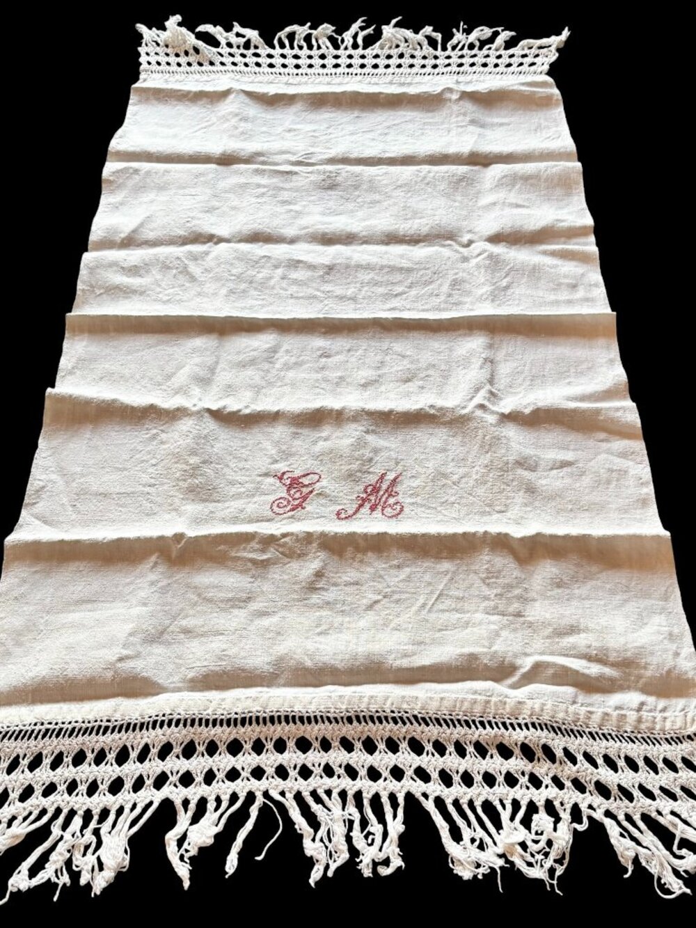 Antique White Linen Crochet Fringe Monogram GM Table Runner